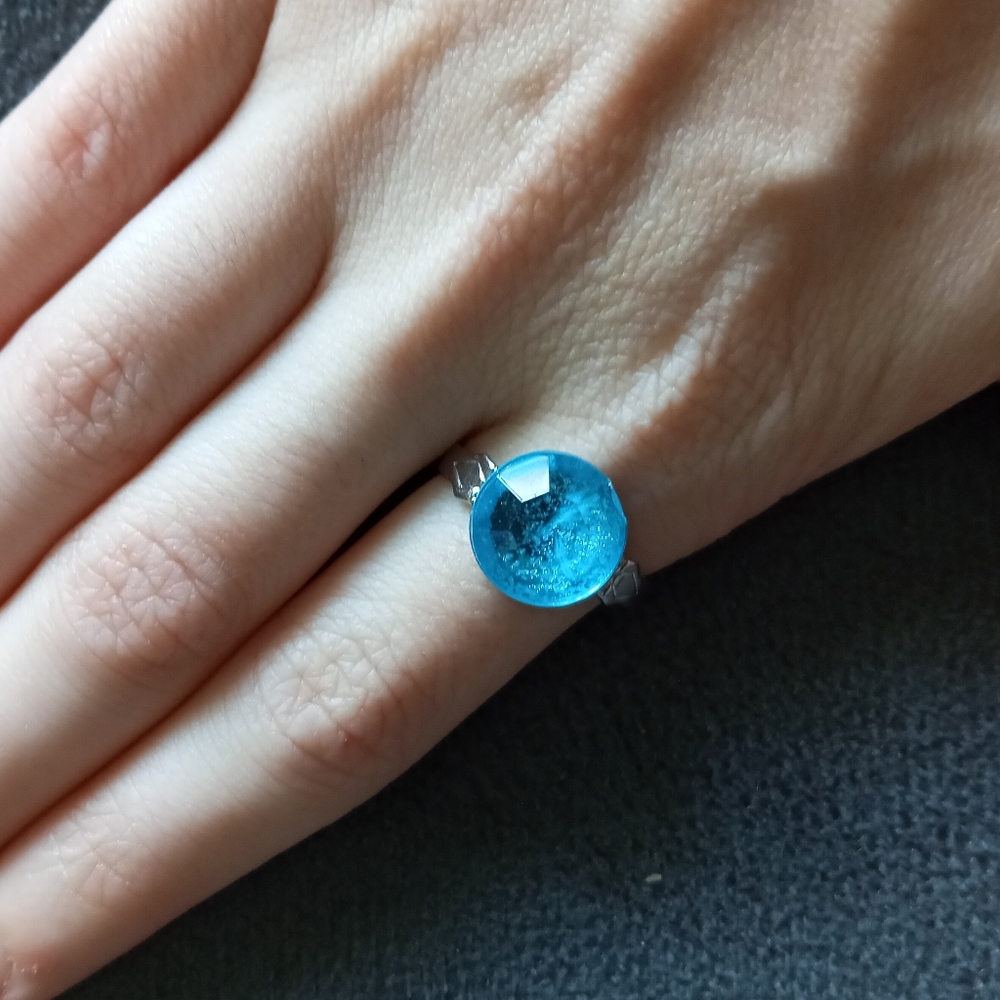 New Cerulean turquoise rhinestone adjustable ring hand crafted